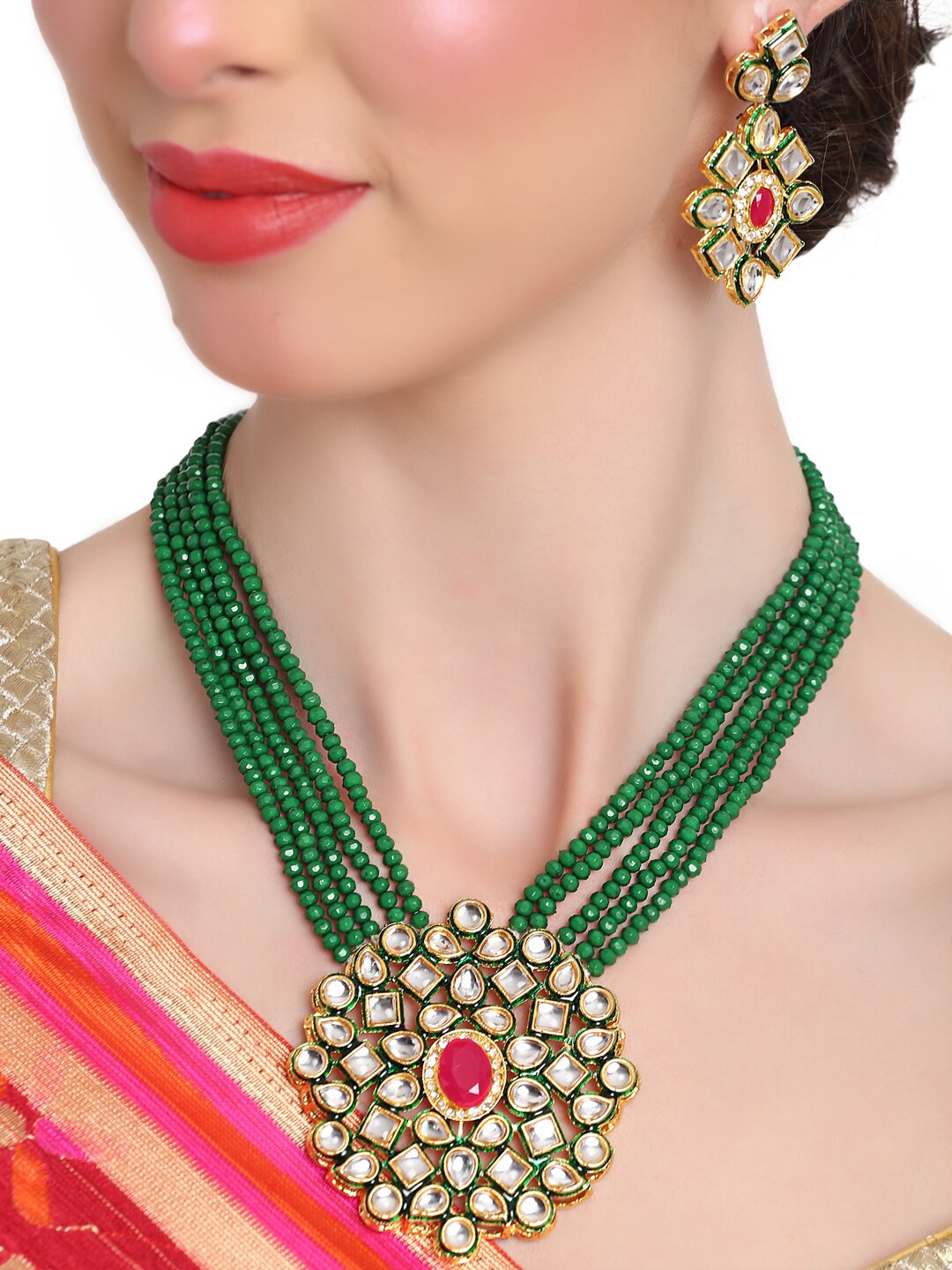 

Shining Diva Gold-Plated Red & Green Kundan-Studded & Beaded Jewellery Set