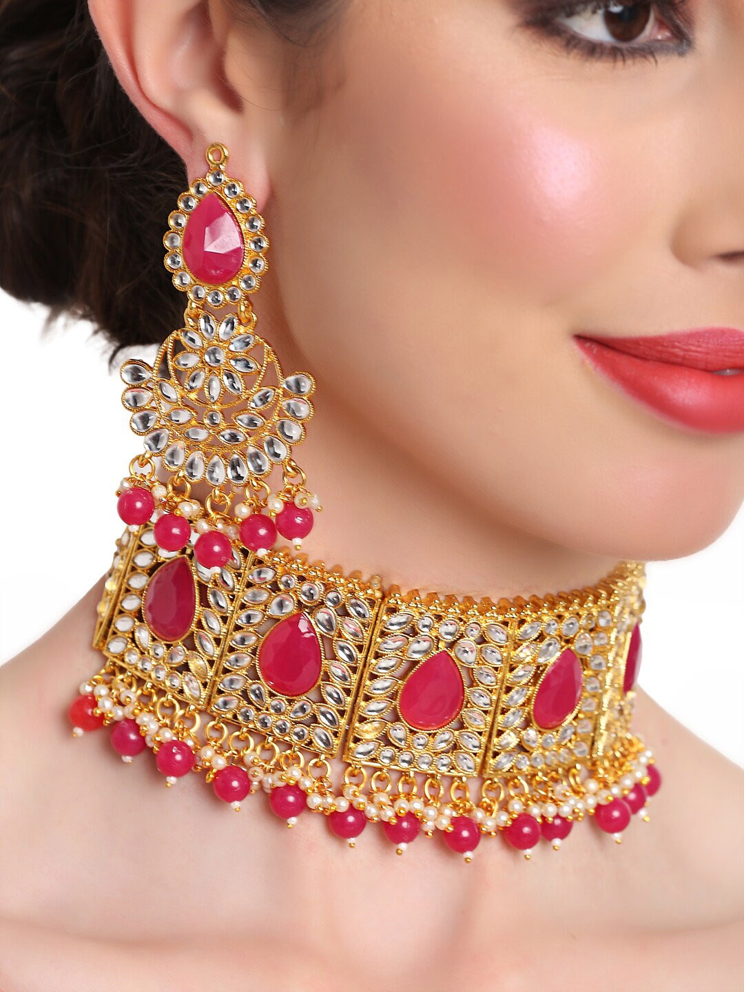 

Shining Diva Gold-Plated & Red Kundan-Studded & Beaded Jewellery Set