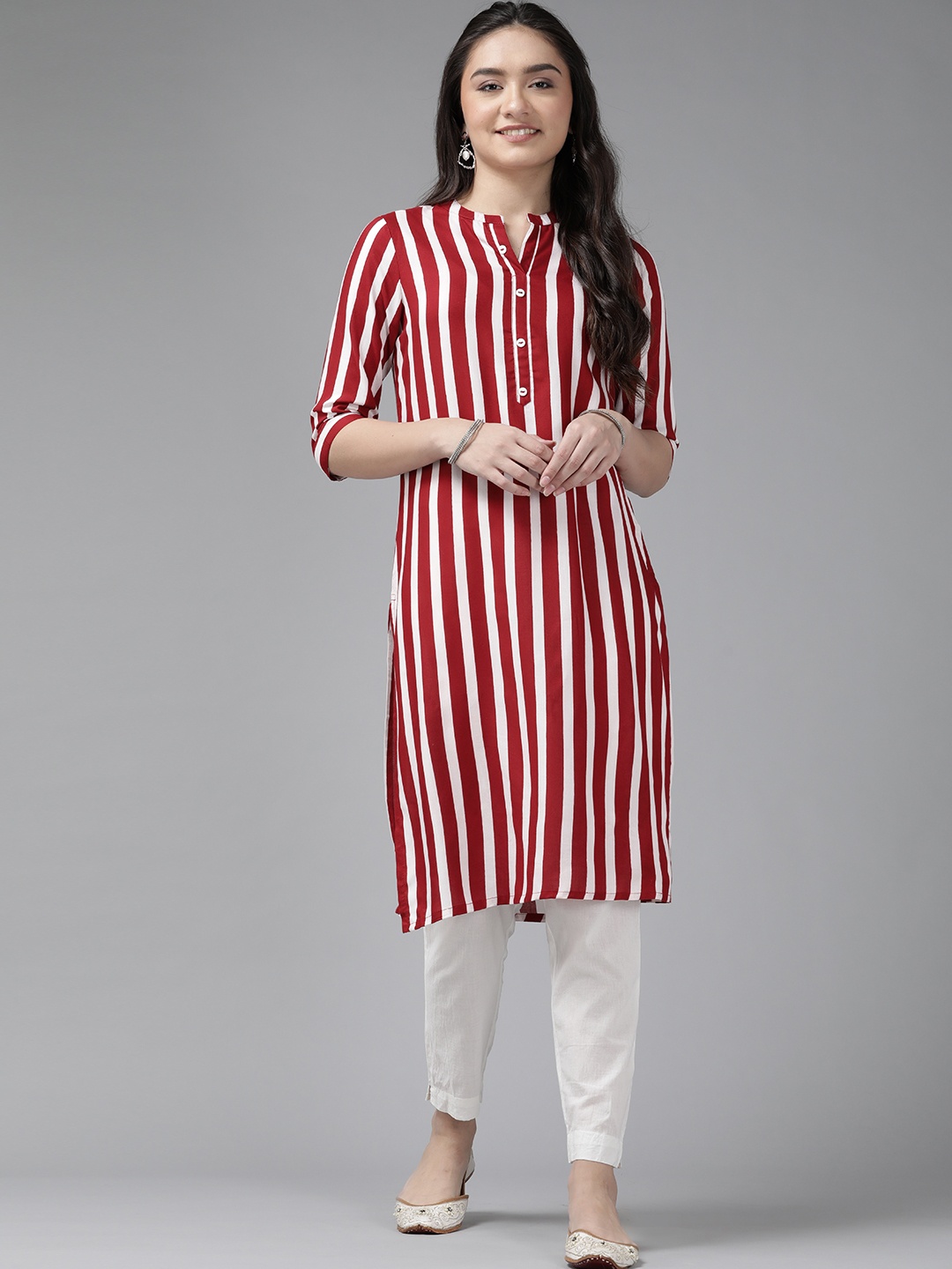 

ANMI Women Red & White Striped Kurta