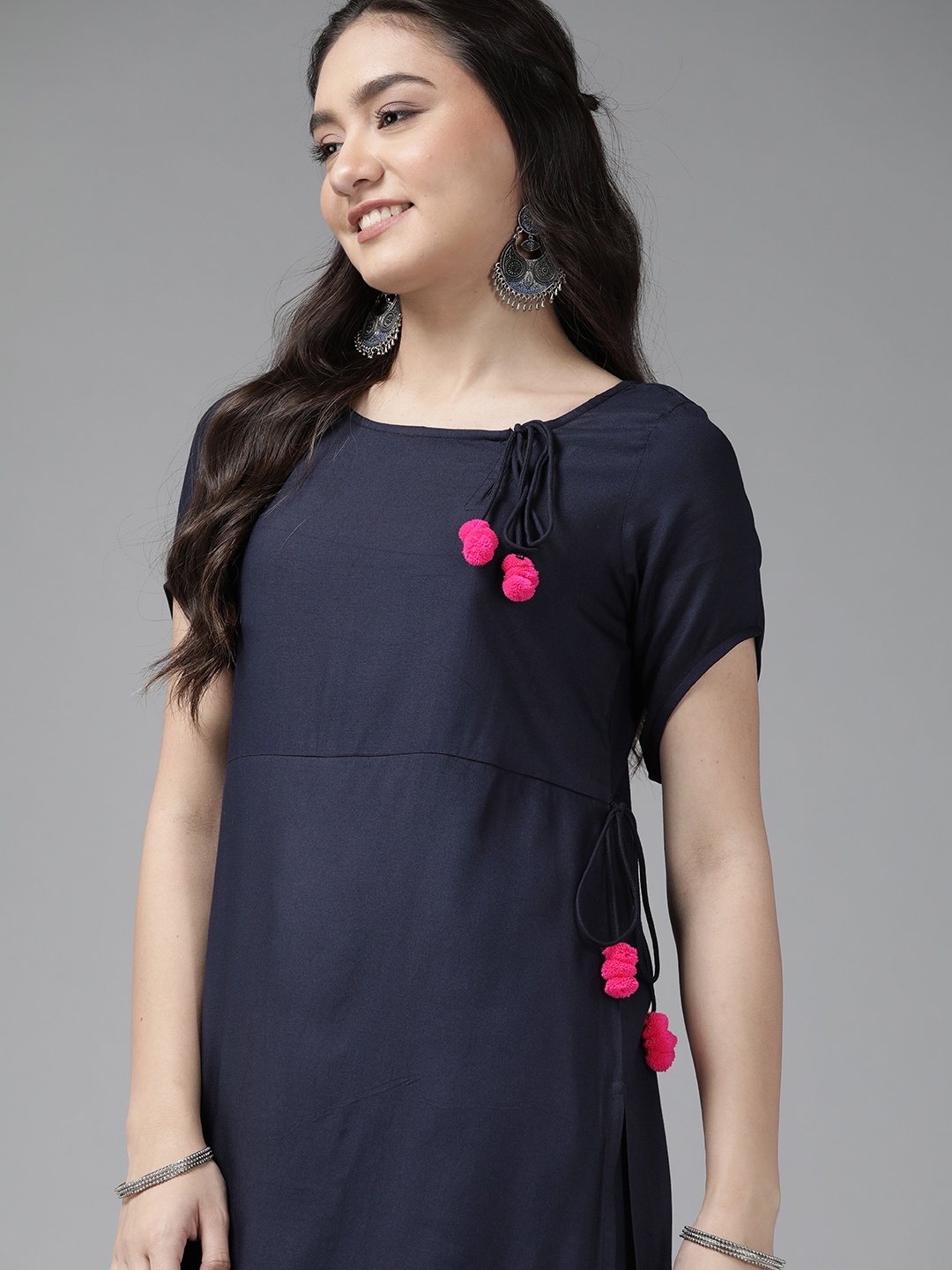 

ANMI Women Navy Blue Solid Kurta With Tie-up Details