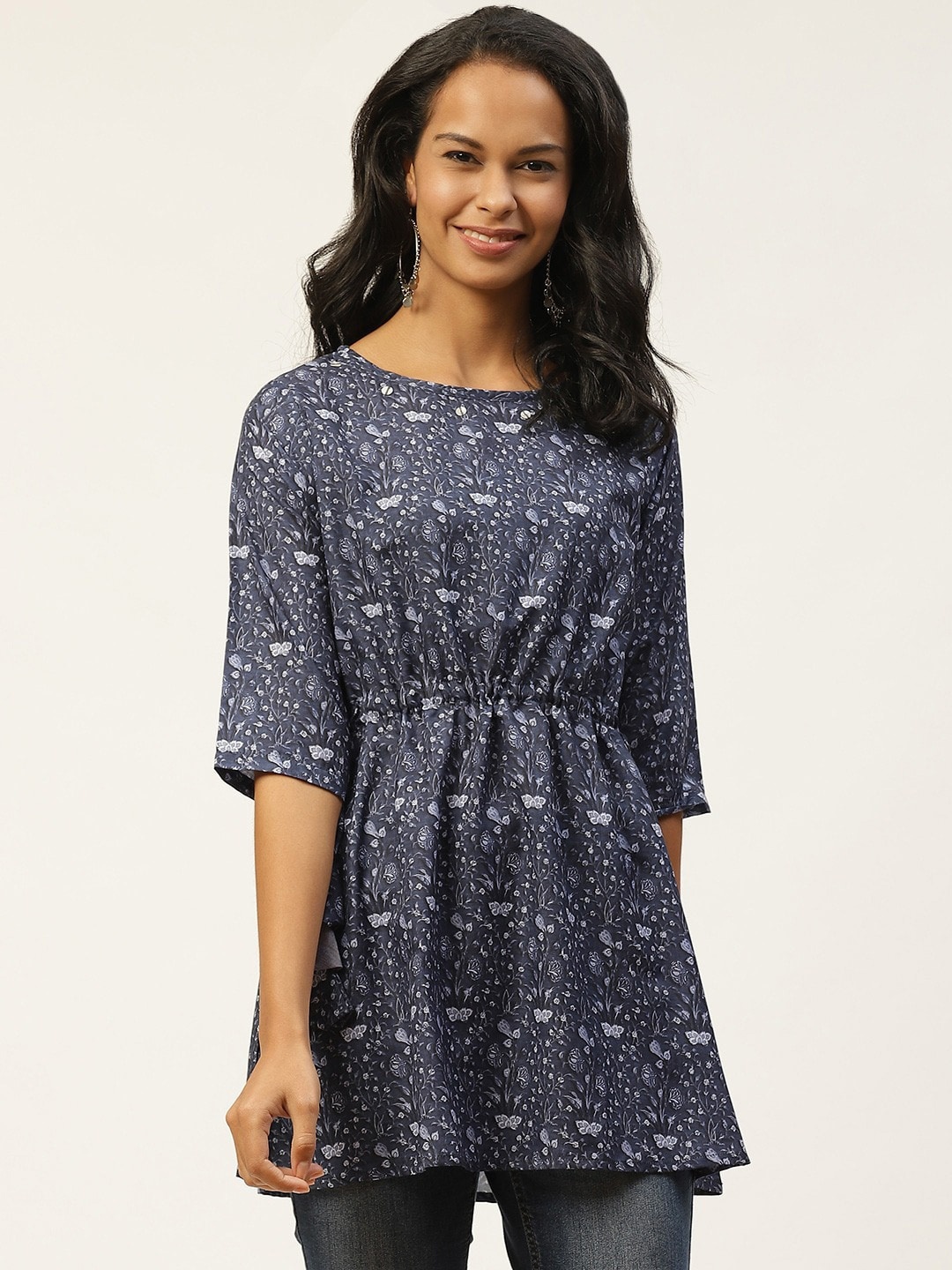 

Sangria Navy Blue Floral Print Cinched Waist Top