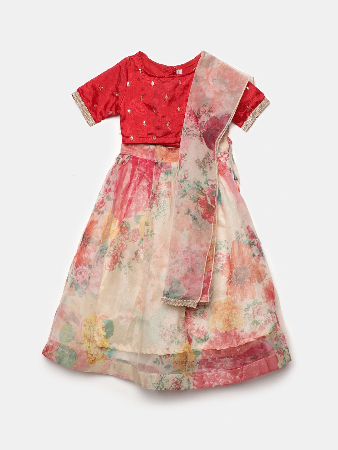 

Hopscotch Girls Red & Beige Embellished Ready to Wear Lehenga & Blouse With Dupatta