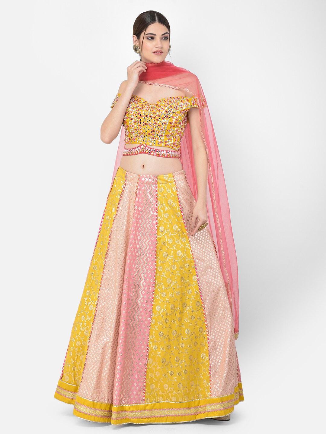 

Neerus Yellow & Pink Embellished Mirror Work Ready to Wear Lehenga & Blouse With Dupatta