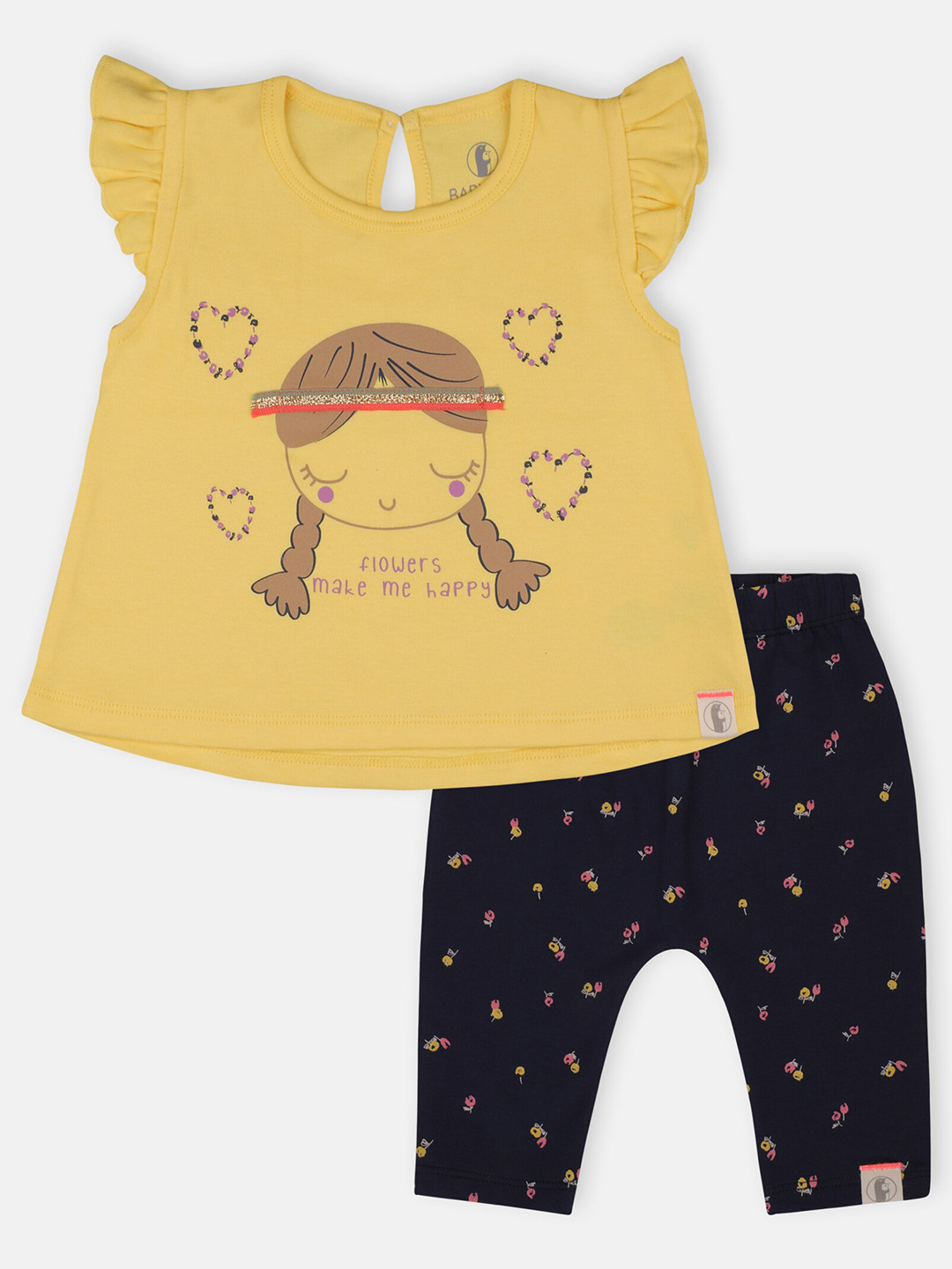 

Babysafe Girls Yellow & Black Printed Pure Cotton Top with Pyjamas