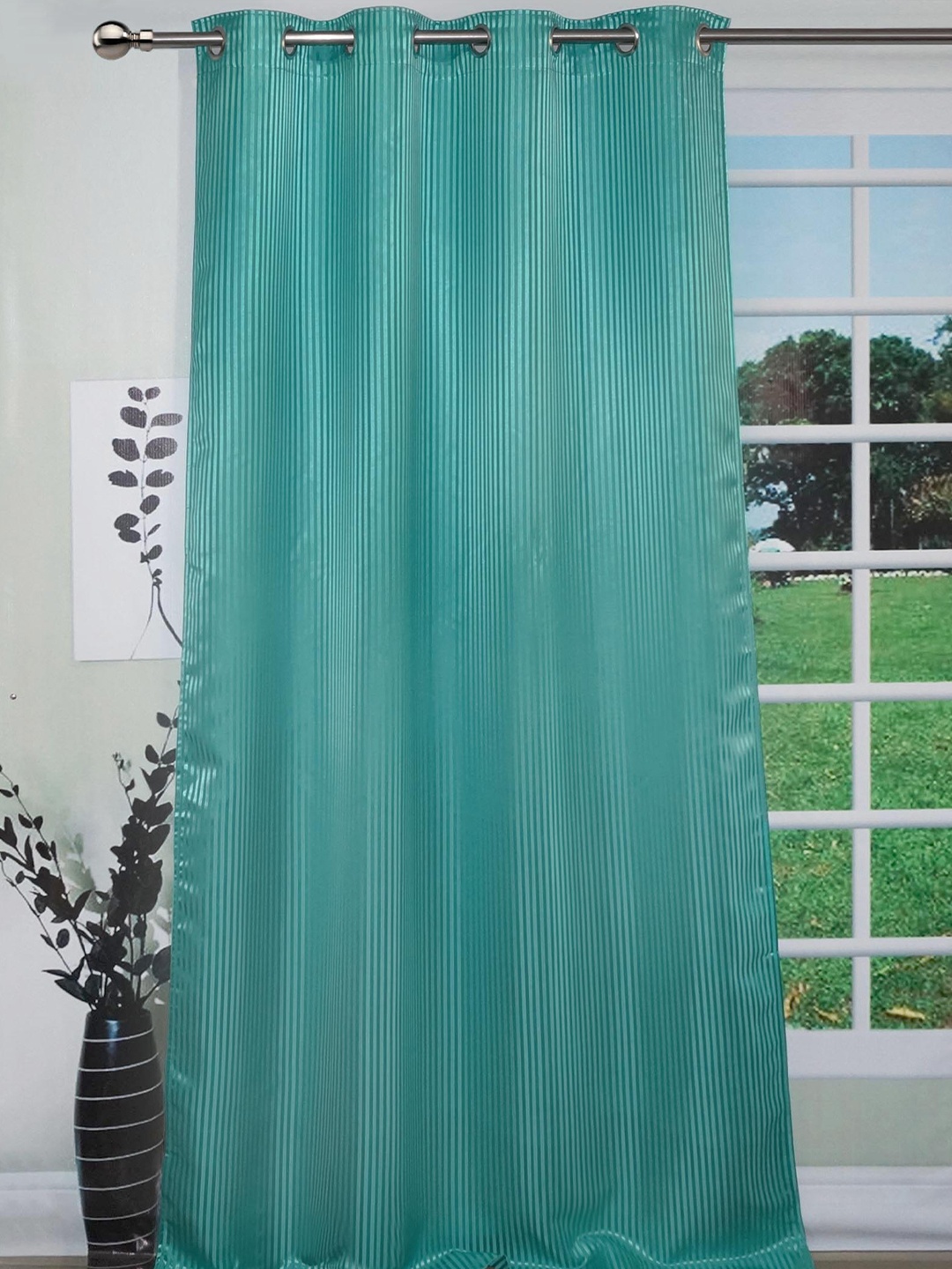

Lushomes Sea Green Striped Single Door Curtain