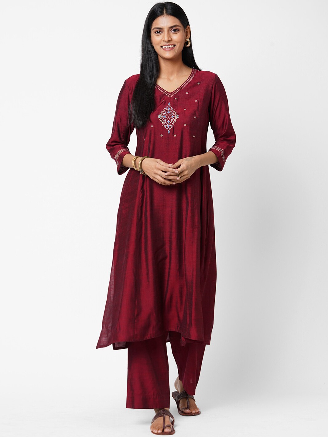 

KAMI KUBI Women Maroon Embroidered A-Line Kurta with Palazzos