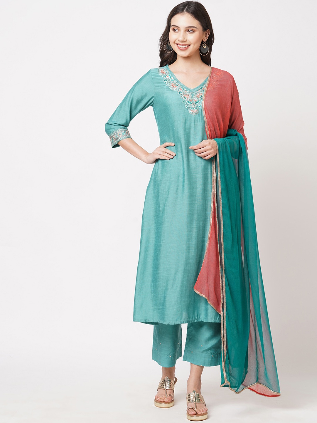 

KAMI KUBI Women Turquoise Blue Pleated Kurta with Trousers & Dupatta