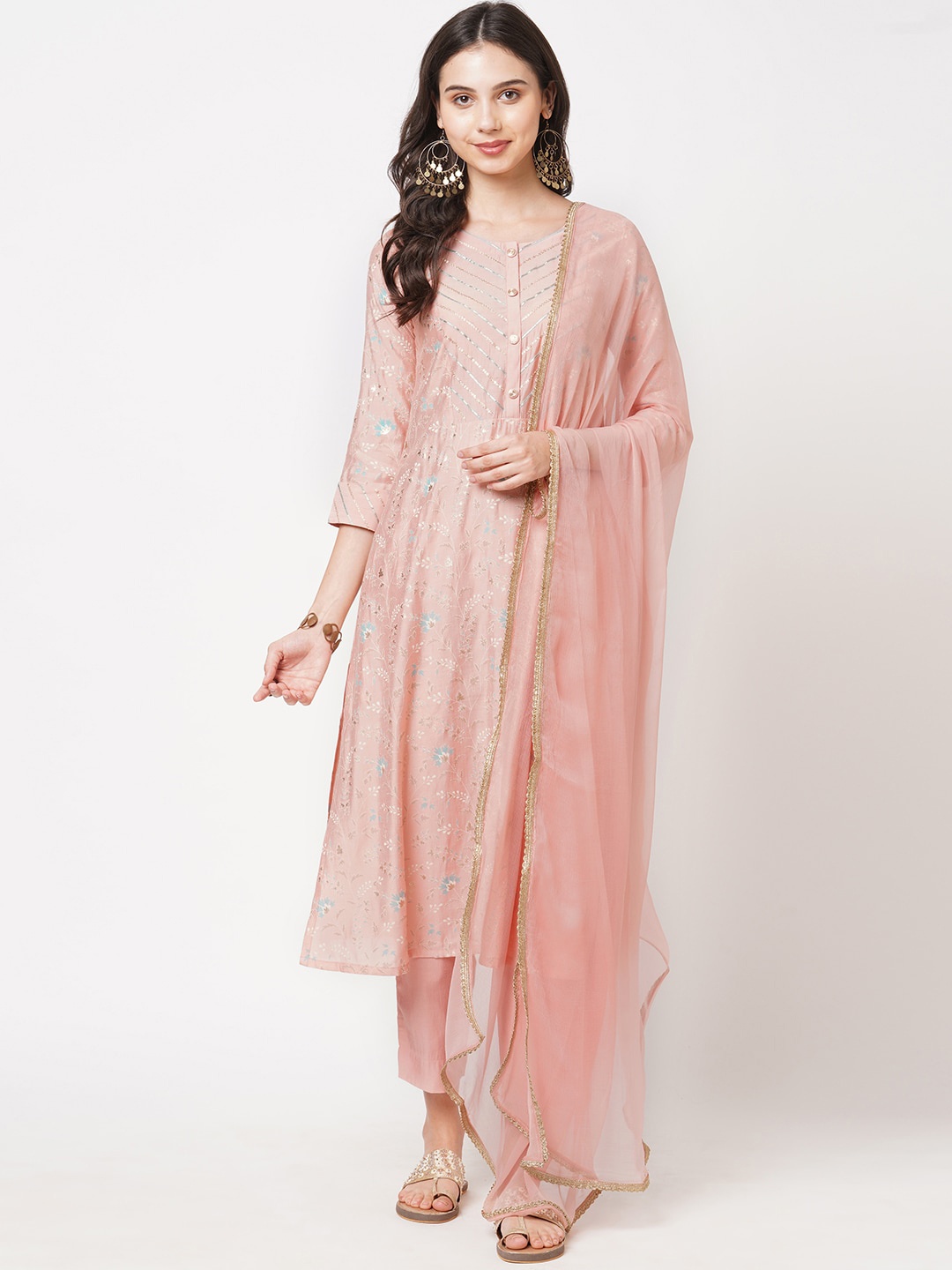 

KAMI KUBI Women Pink Gotta Patti A-line Kurta with Trousers & Dupatta