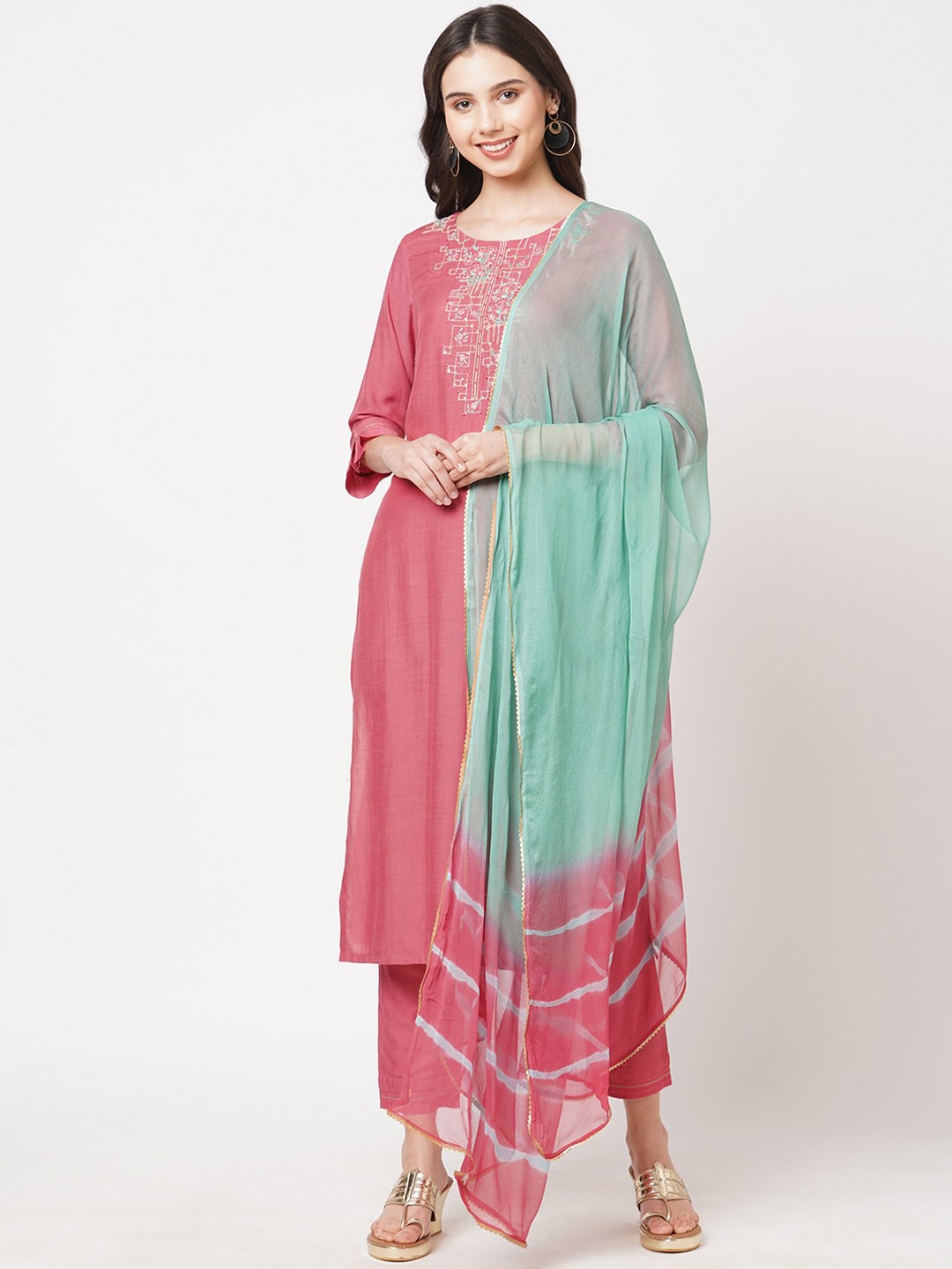 

KAMI KUBI Women Pink 7 Green Ethnic Motifs Embroidered Kurta with Trousers & Dupatta
