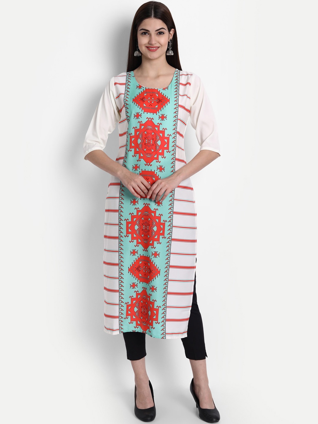 

7Threads Women White & Green Geometric Printed Crepe Kurta
