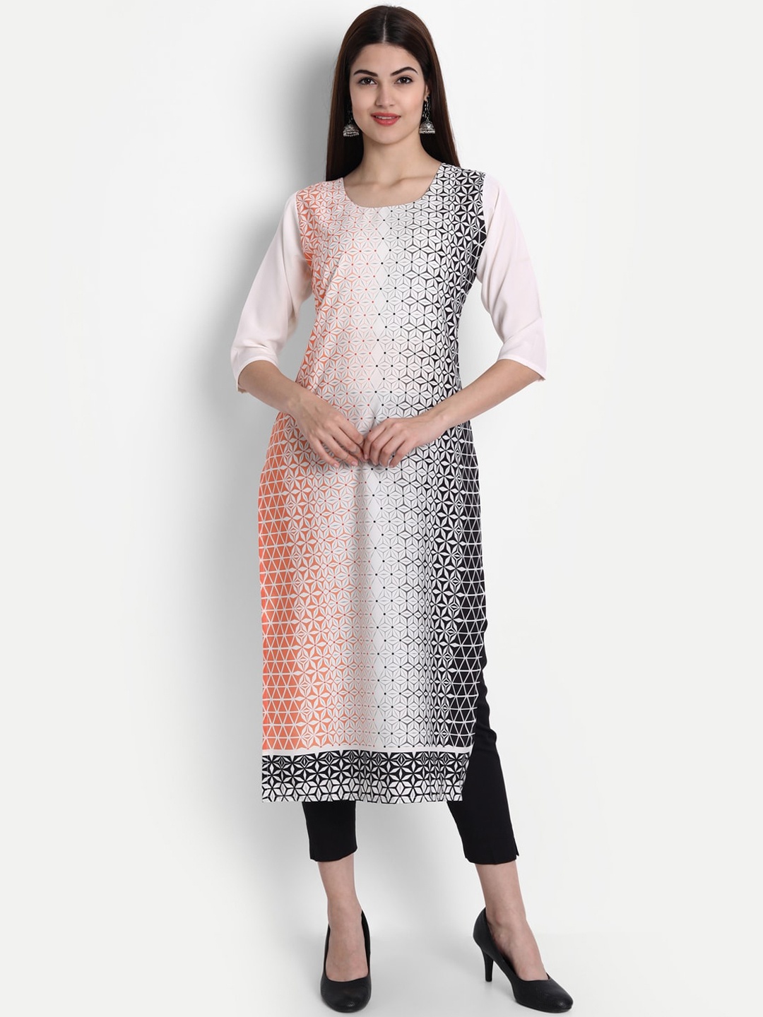 

7Threads Women White & Black Geometric Printed Crepe Kurta