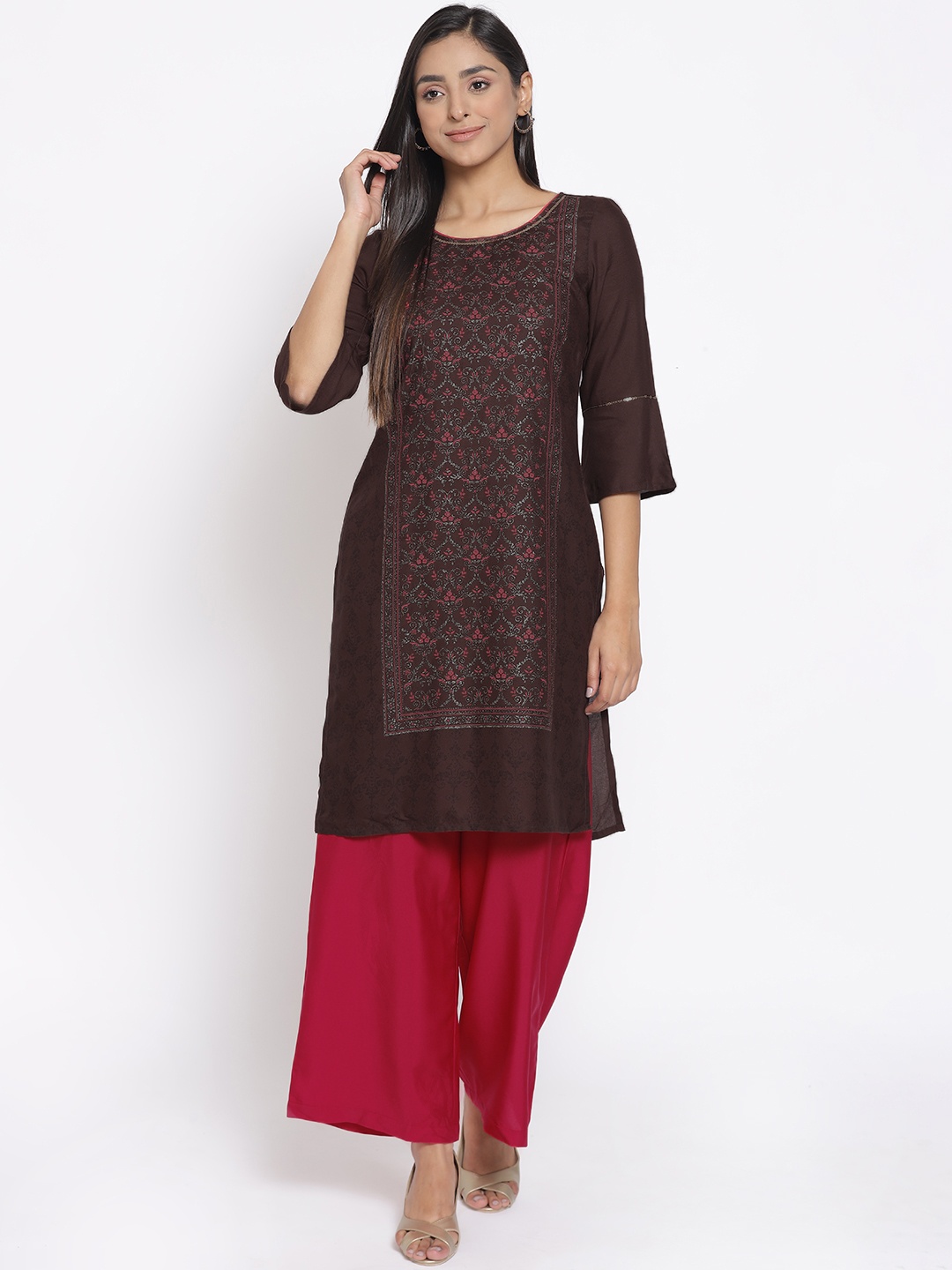 

AURELIA Women Brown Ethnic Motifs Regular Sequinned Kurta with Palazzos