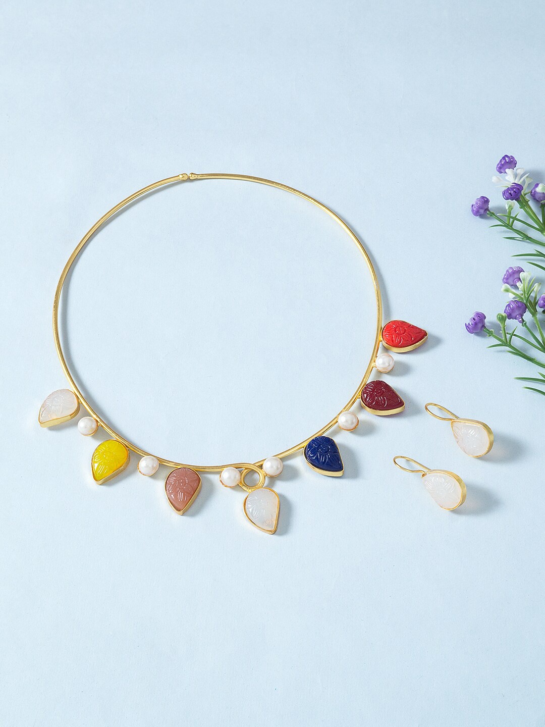 

Golden Peacock Gold-Toned & White Stones-Studded & Beaded Jewellery Set