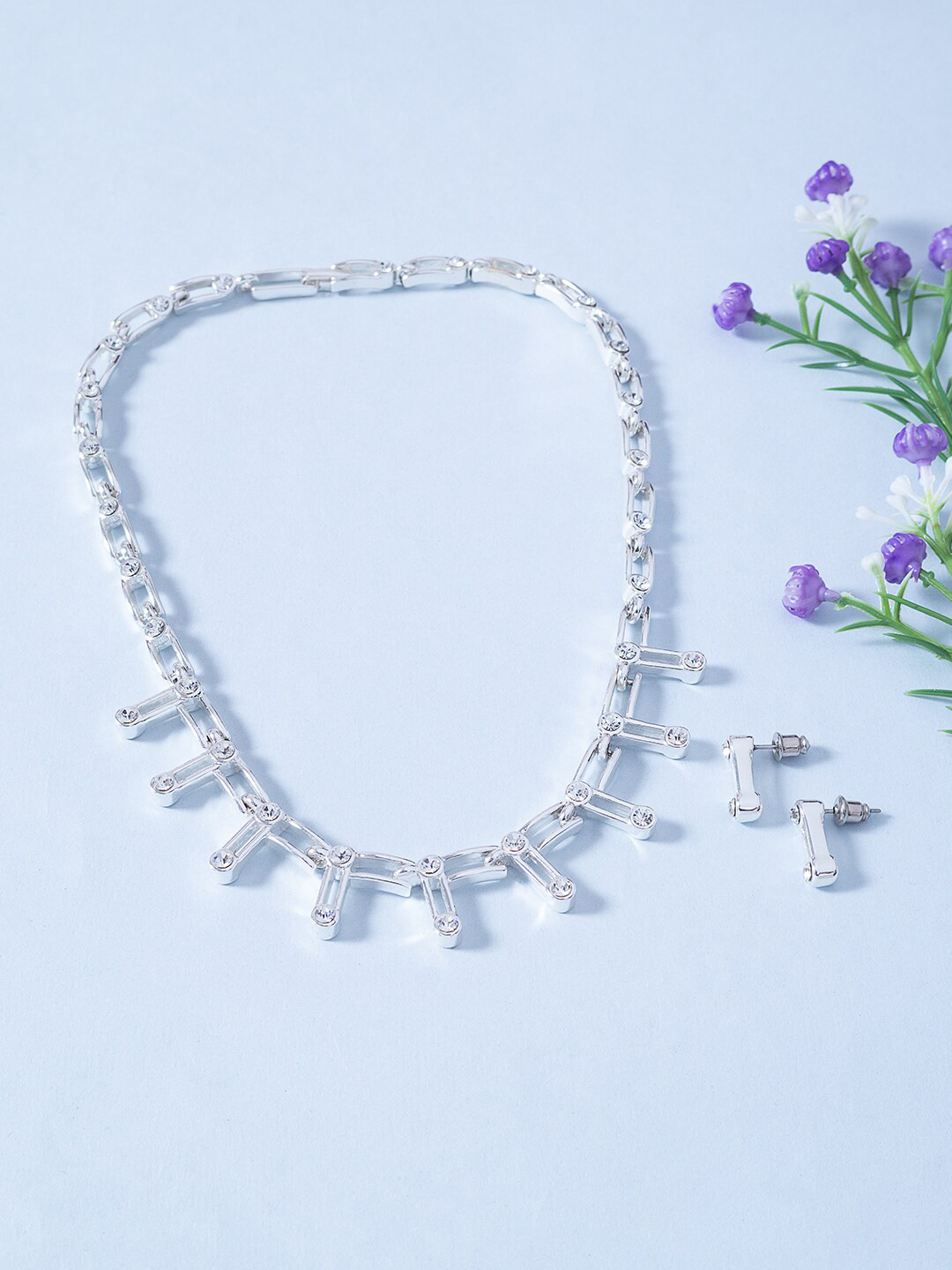 

Golden Peacock Silver-Toned White Stone-Studded Jewellery Set