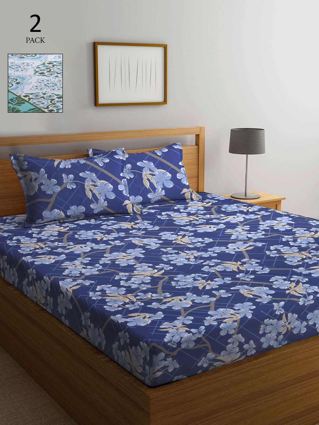 

KLOTTHE Blue & Green Floral 210 TC Pure Cotton 2 King Bedsheets with 4 Pillow Covers