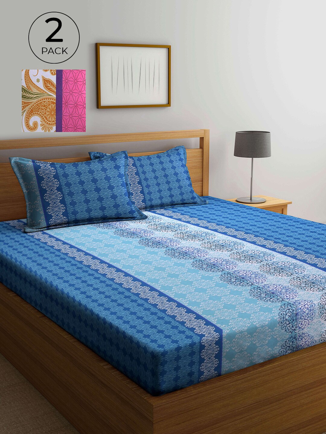 

KLOTTHE Pink & Blue 210 TC 2 Pure Cotton King Bedsheet with 4 Pillow Covers