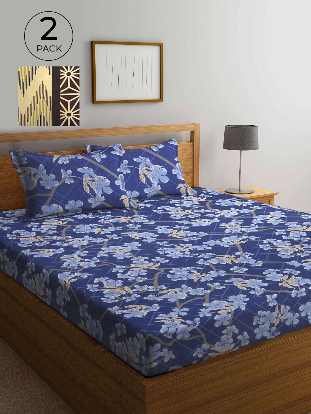 

KLOTTHE Blue & Beige Floral 210 TC 2 Pure Cotton King Bedsheet with 4 Pillow Covers