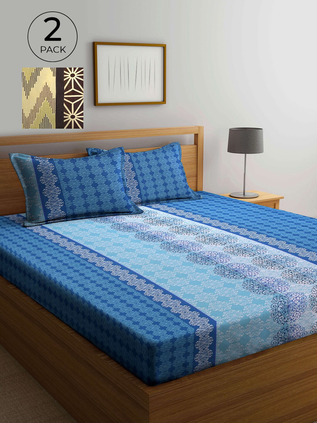

KLOTTHE Blue & Beige Floral 210 TC 2 Pure Cotton King Bedsheet with 4 Pillow Covers