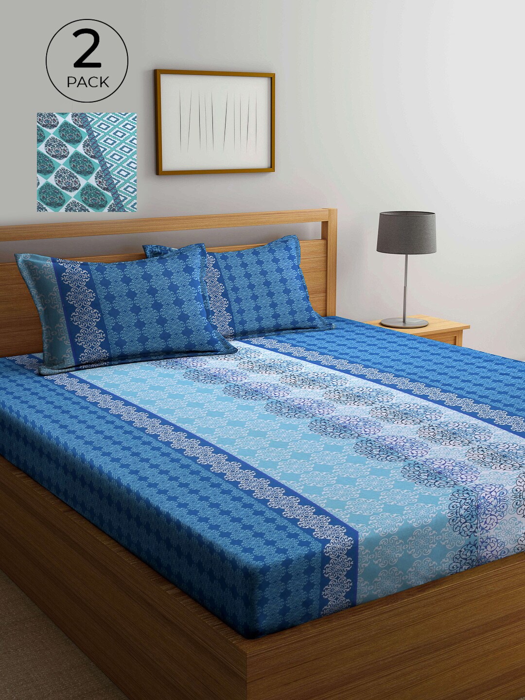 

KLOTTHE Blue & Green 210 TC 2 Pure Cotton King Bedsheet with 4 Pillow Covers