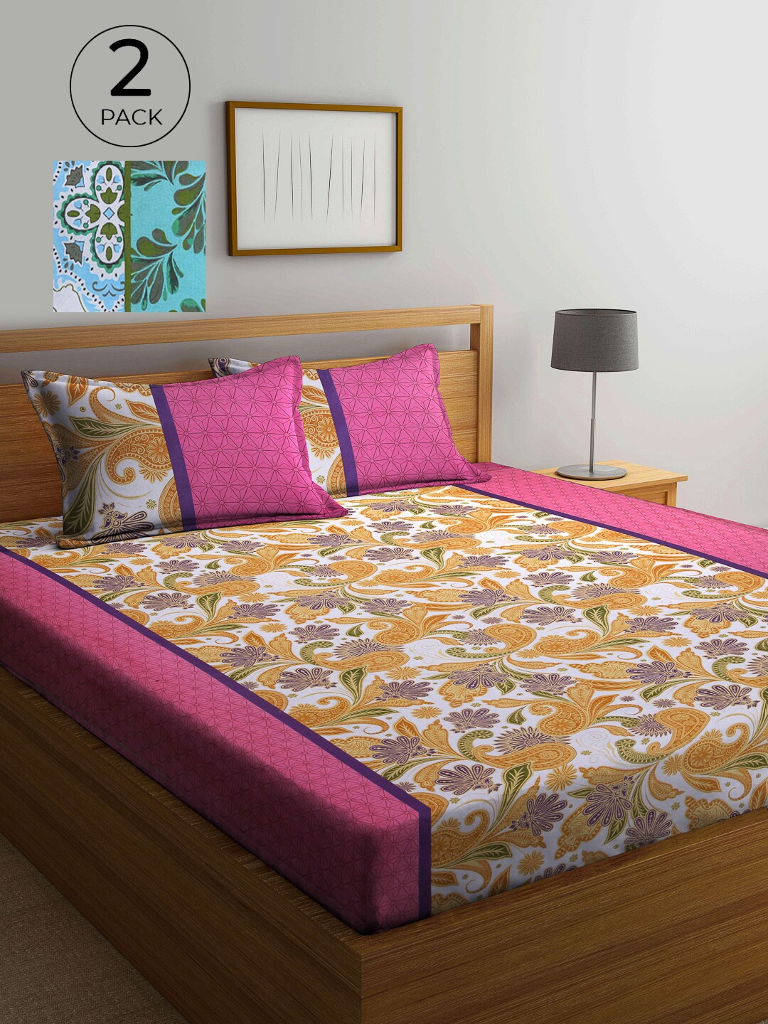 

KLOTTHE Pink & Green Floral 210 TC 2 Pure Cotton King Bedsheet with 4 Pillow Covers