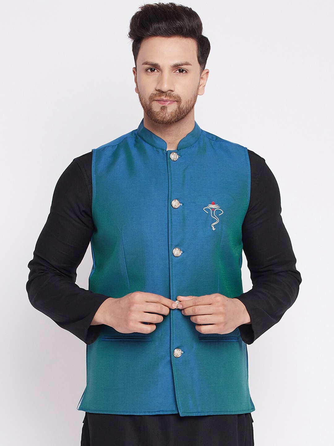 

even Men Blue Solid Woven Nehru Jacket With Embroided Insignia Of Lord Ganesha