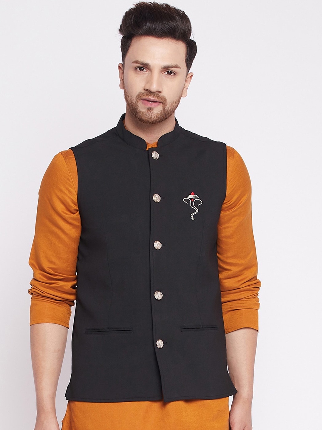 

even Men Black Solid Woven Nehru Jacket