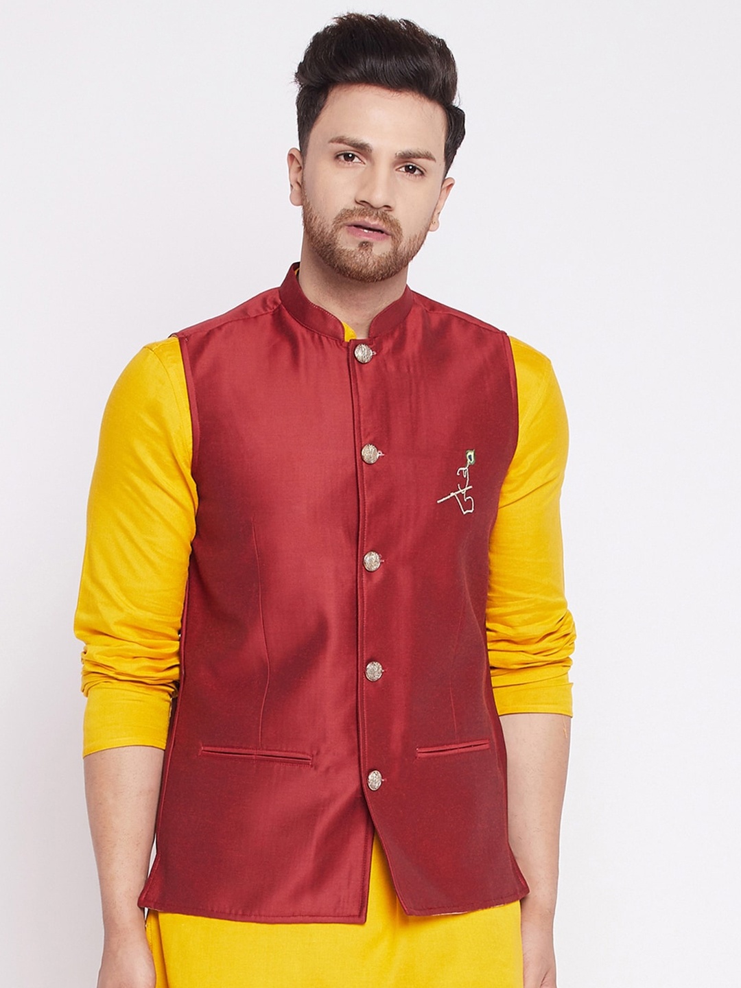 

even Men Maroon Solid Woven Nehru Jacket