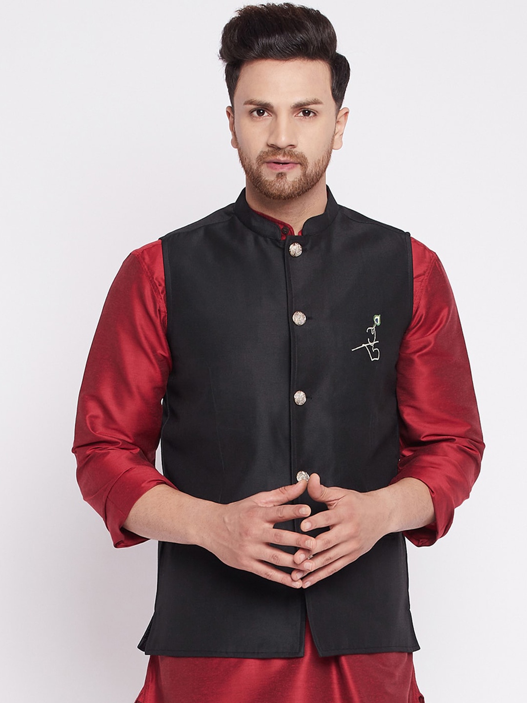 

even Men Black Solid Woven Nehru Jacket