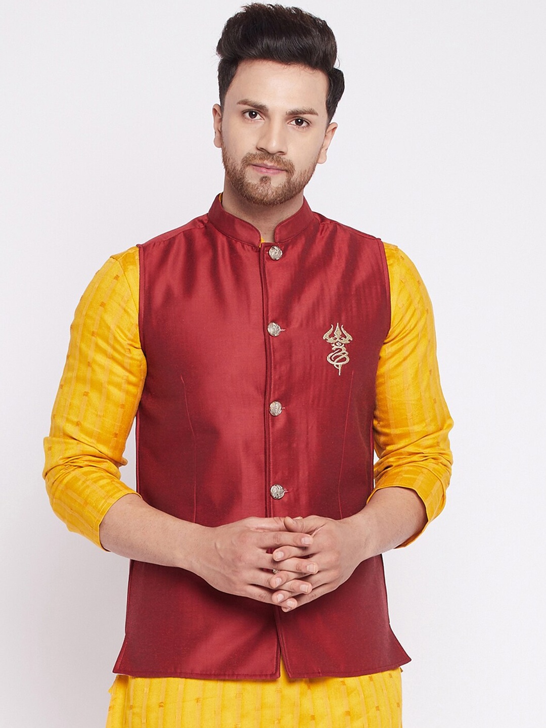 

even Men Maroon Solid Woven Nehru Jacket