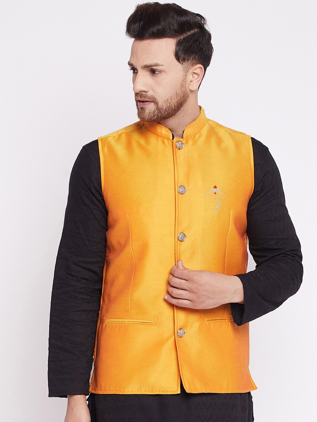 

even Men Yellow Solid Woven Nehru Jacket With Embroided Insignia Of Lord Ganesha