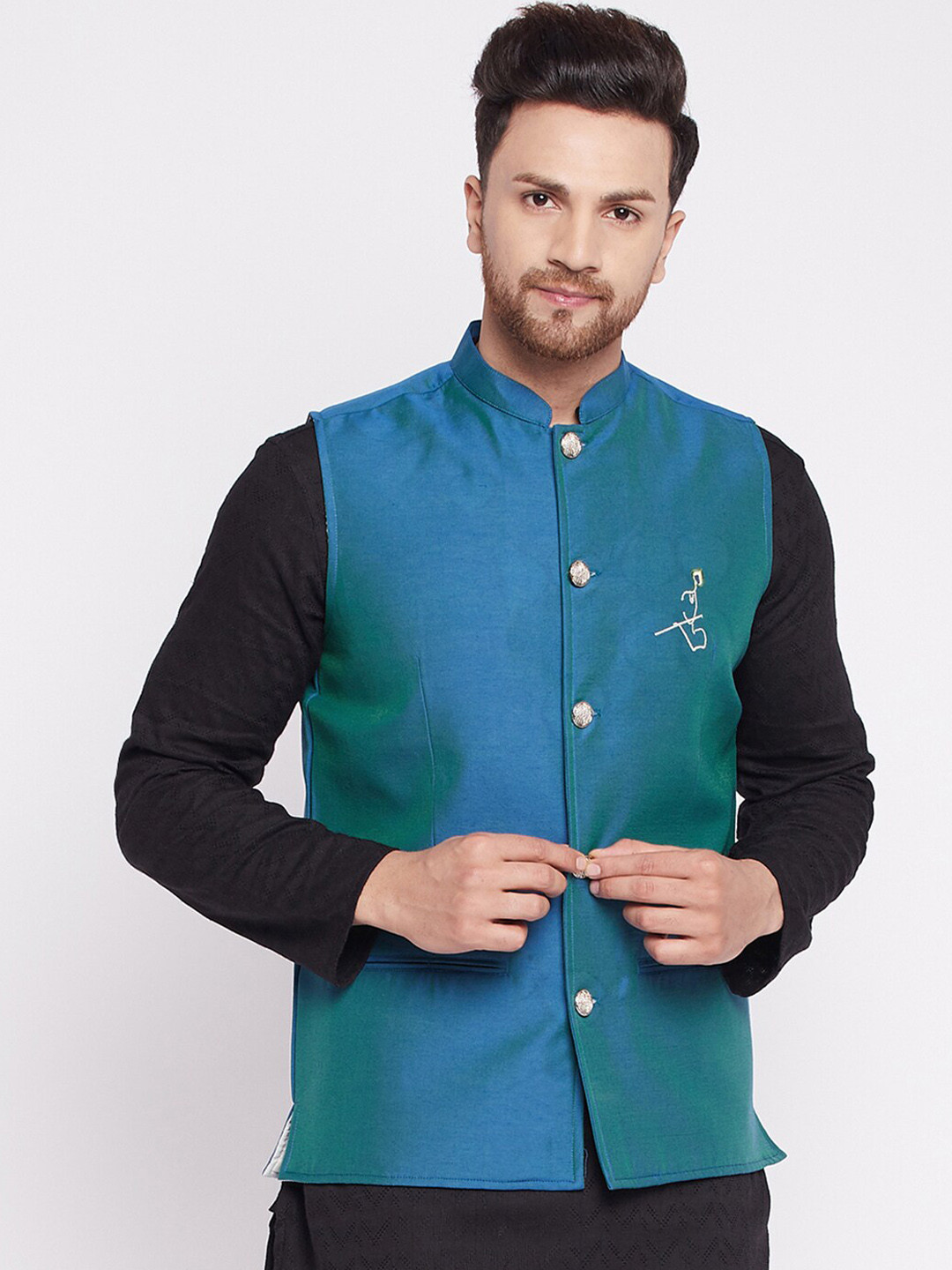 

even Men Blue Solid Woven Nehru Jacket