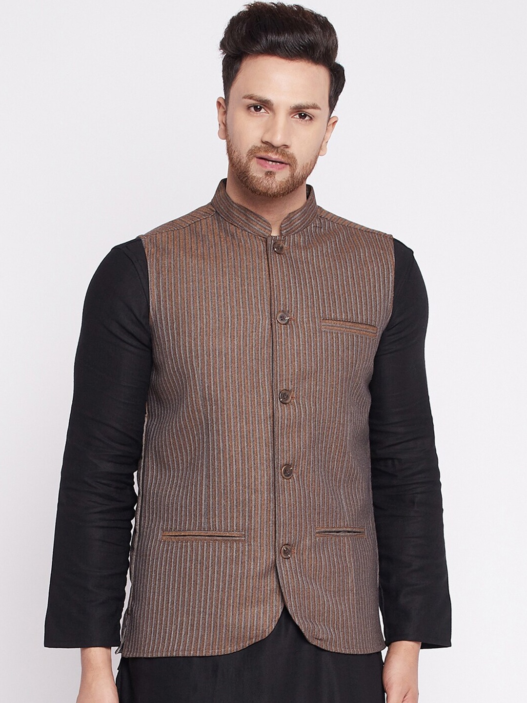 

even Men Brown & Grey Striped Woven Nehru Jacket