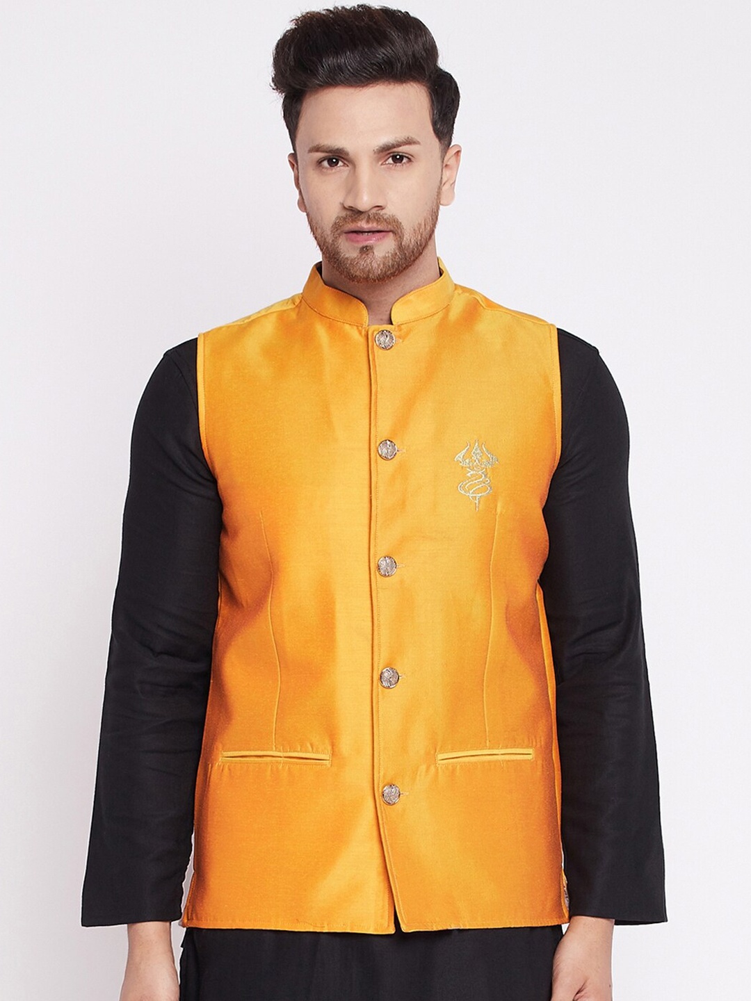 

even Men Yellow Solid Woven Nehru Jacket