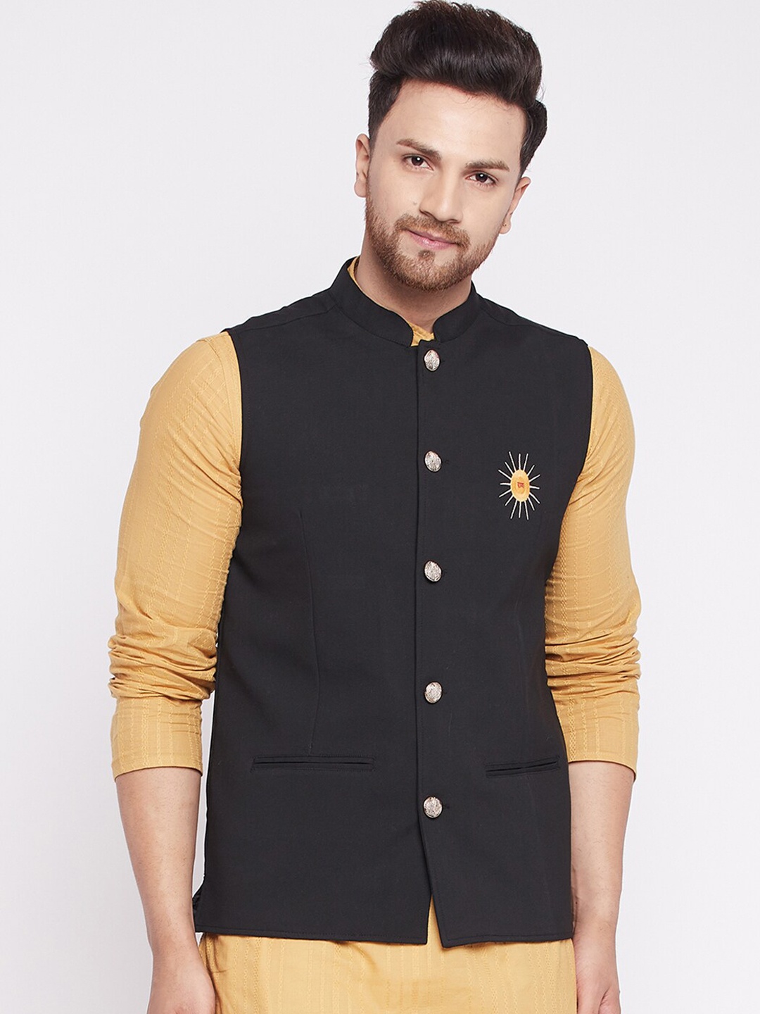 

even Men Black Embroided Insignia Of Lord Ram Nehru Jacket