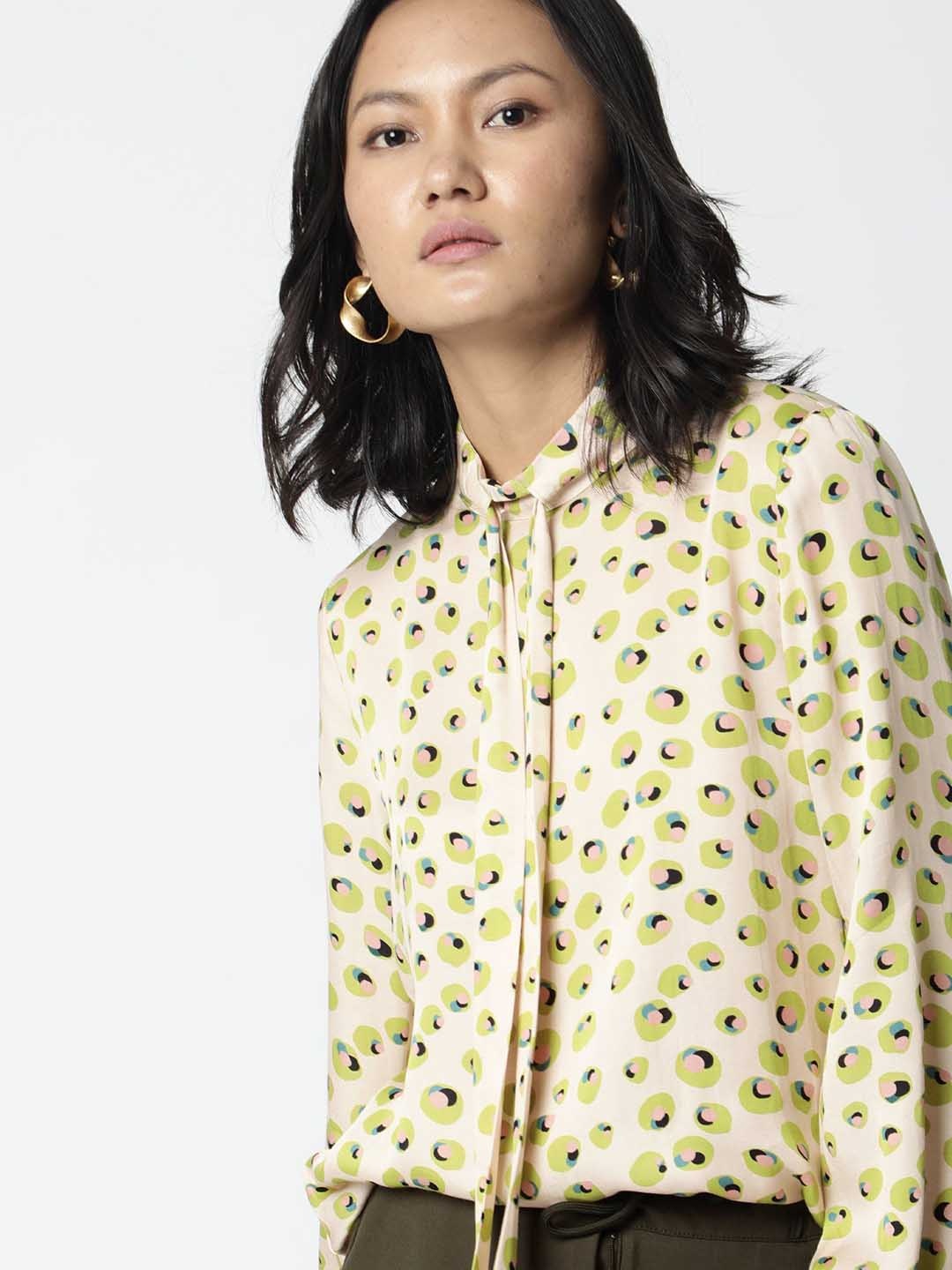 

RAREISM Peach-Coloured Geometric Tie-Up Neck Shirt Style Top