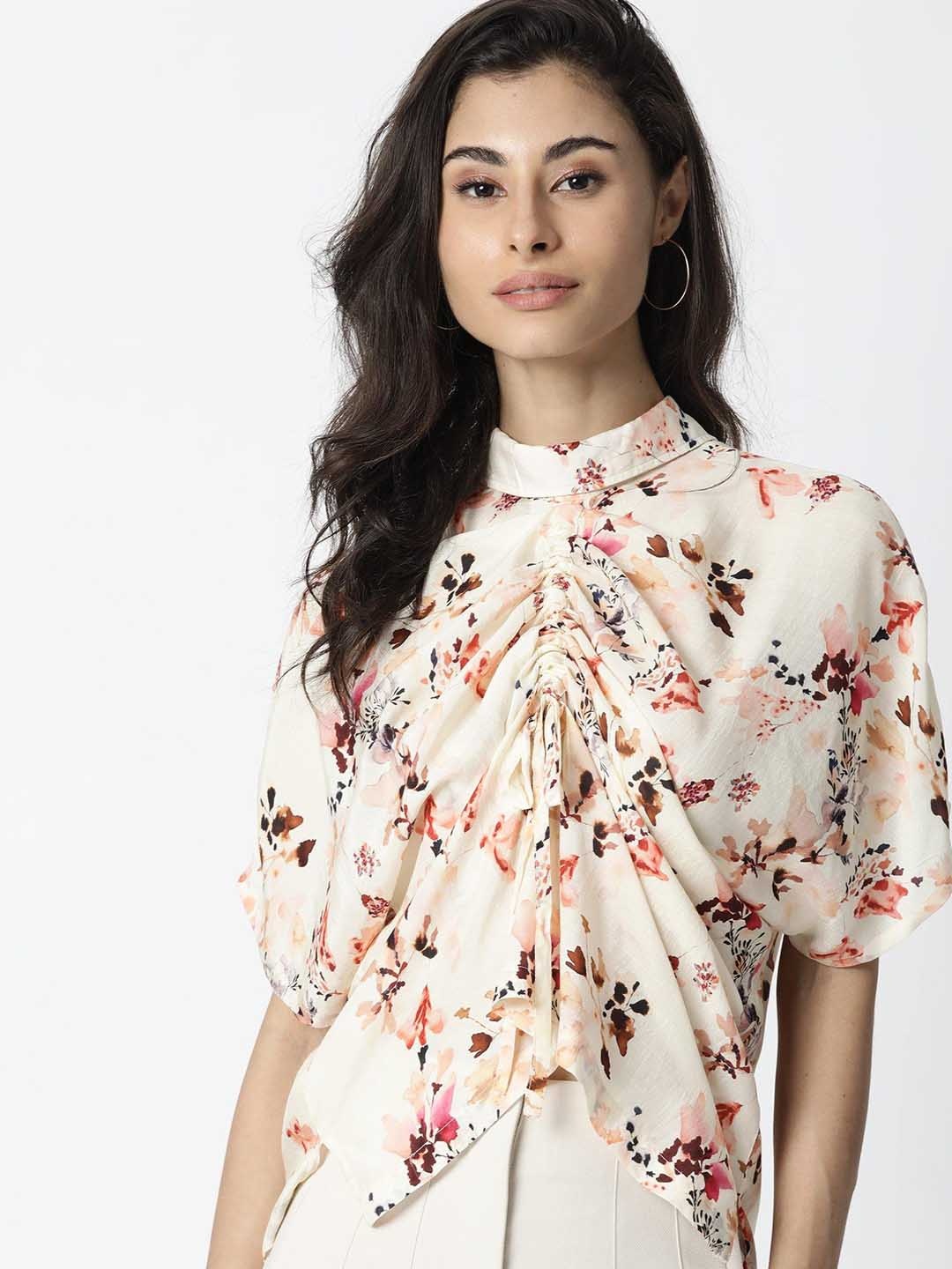 

RAREISM Cream-Coloured & Brown Floral Ruched Regular Top