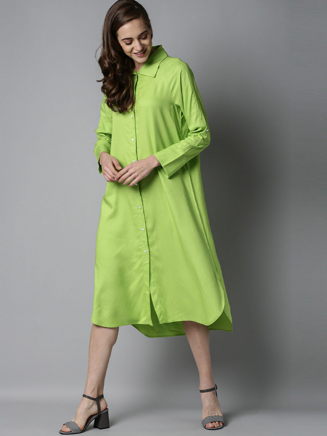 

RAREISM Women Green Solid Shirt Midi Dress
