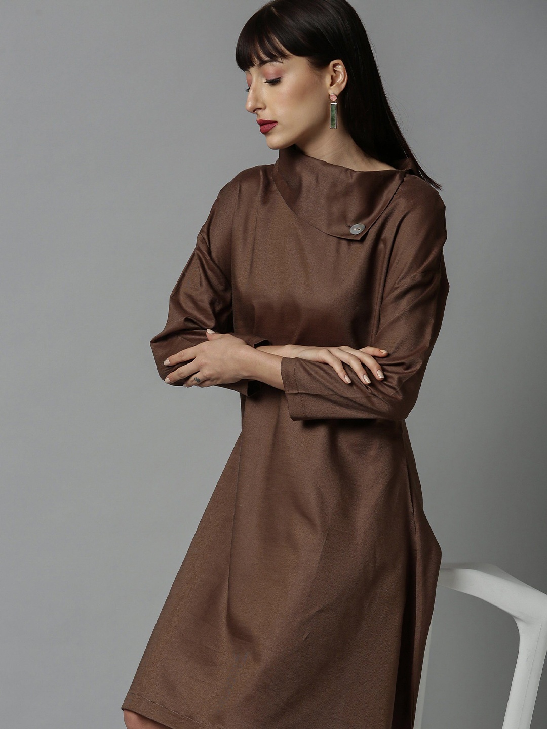 

RAREISM Khaki Cowl Neck A-Line Dress