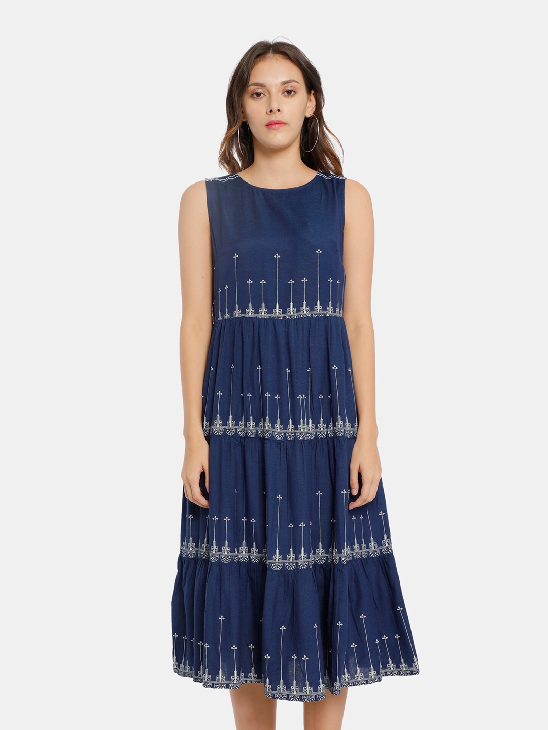 

Karigari Blue Women A-Line Sleeveless Tiered Dress