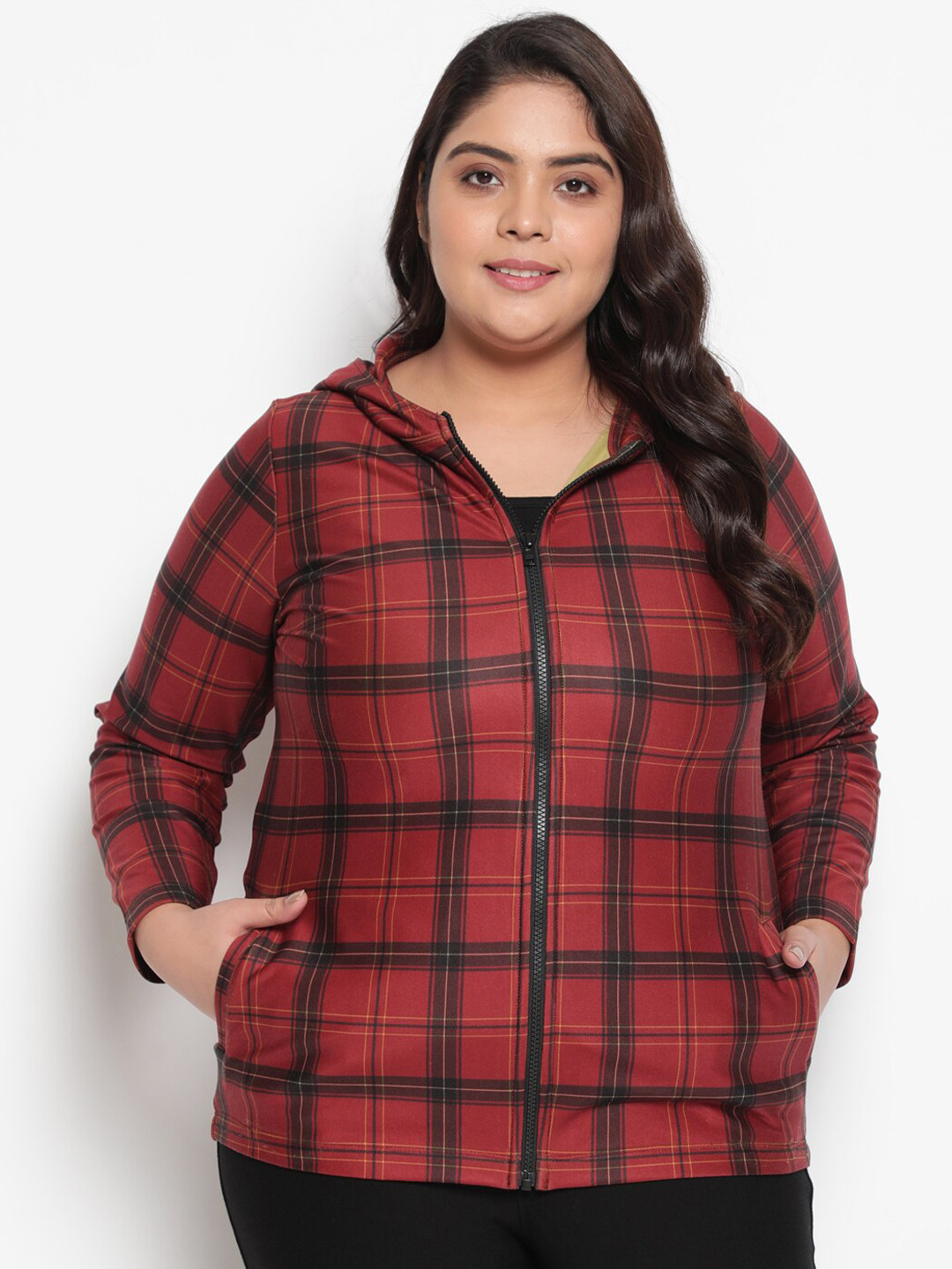 

Amydus Women Red Checked Plus Size Hooded Sweatshirt
