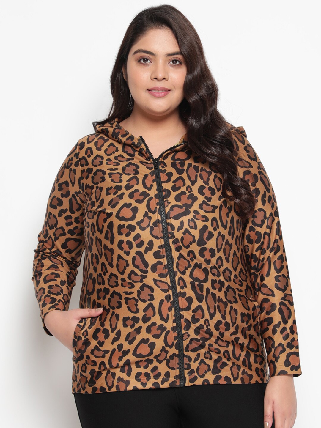 

Amydus Women Plus Size Mustard Yellow Leopard Printed Hooded Sweatshirt