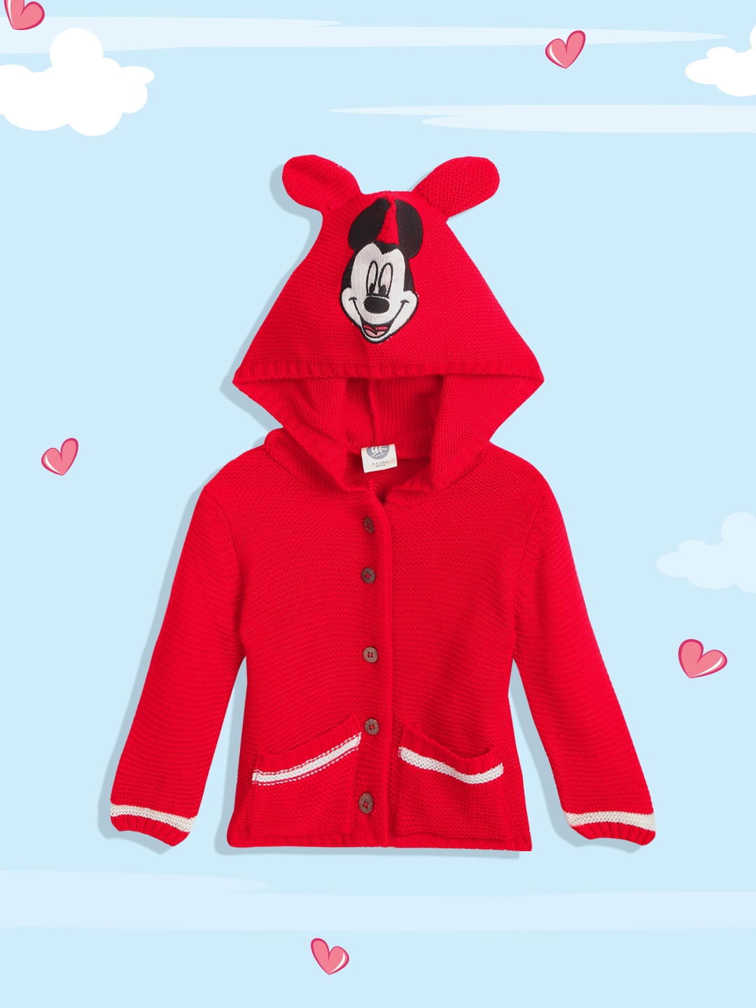 

YK Boys Red Solid Hooded Cardigan with Mickey Mouse Applique Detail