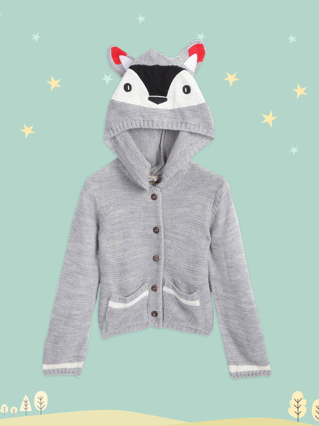 

YK Boys Grey Melange Solid Hooded Cardigan with Fox Applique Detail