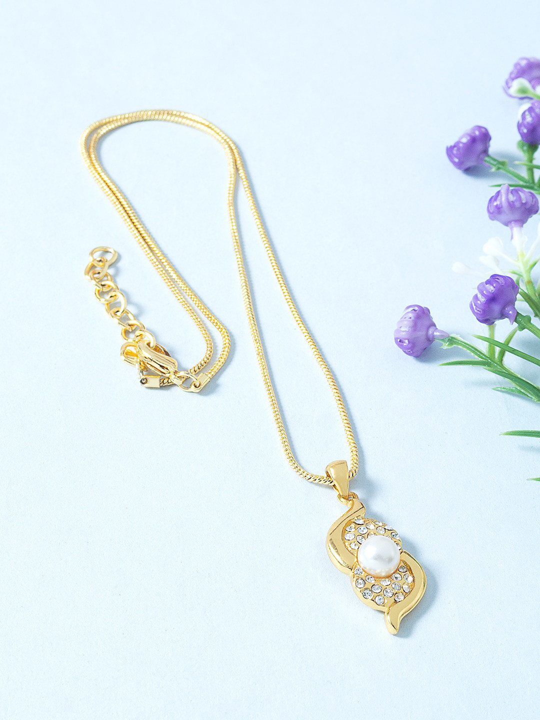 

Golden Peacock Gold-Toned & White Stone-Studded Contemporary Pendant With Chain