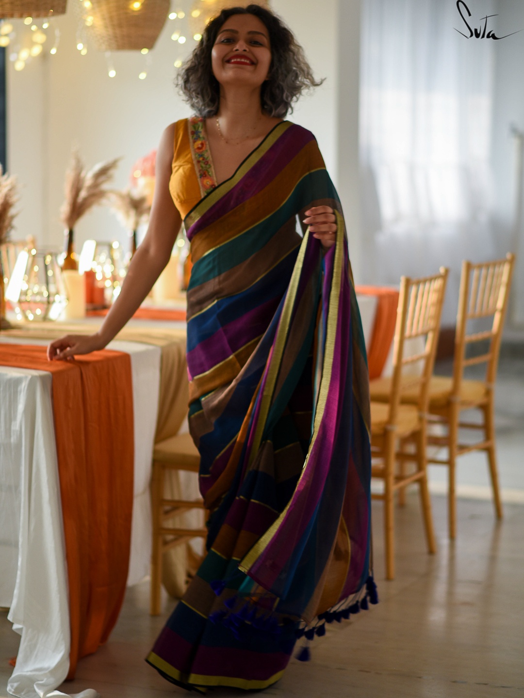 

Suta Women Multicolored Mul Cotton Zari Saree With Blue Tassles, Purple