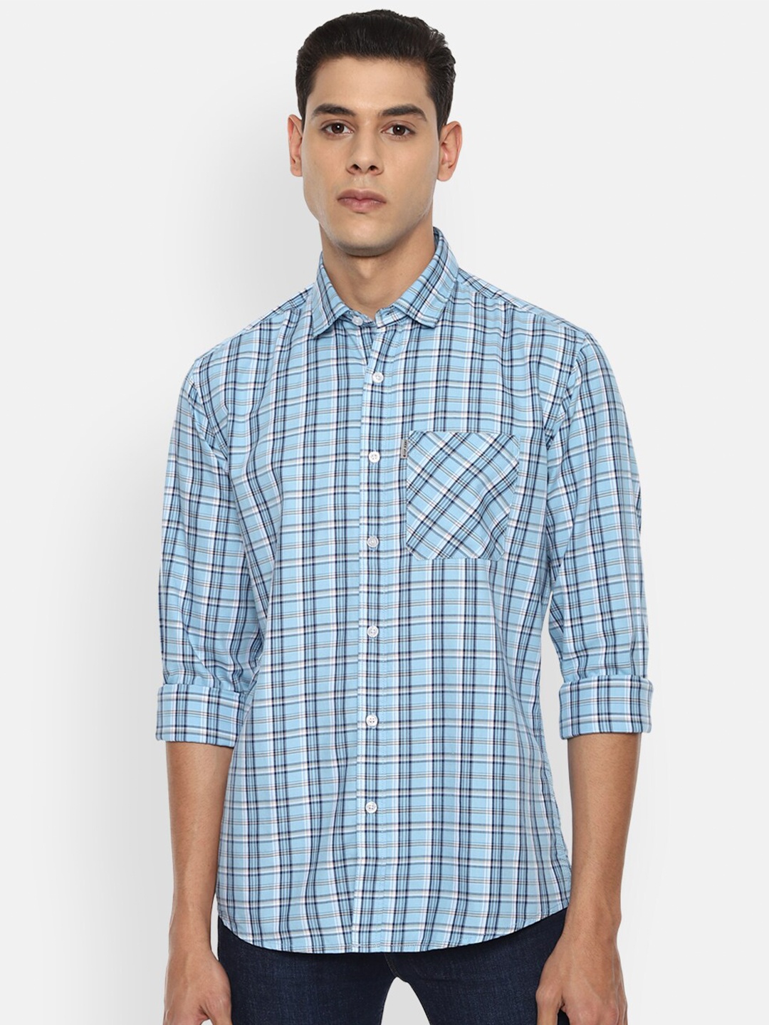 

Louis Philippe Jeans Men Blue Slim Fit Opaque Checked Cotton Casual Shirt
