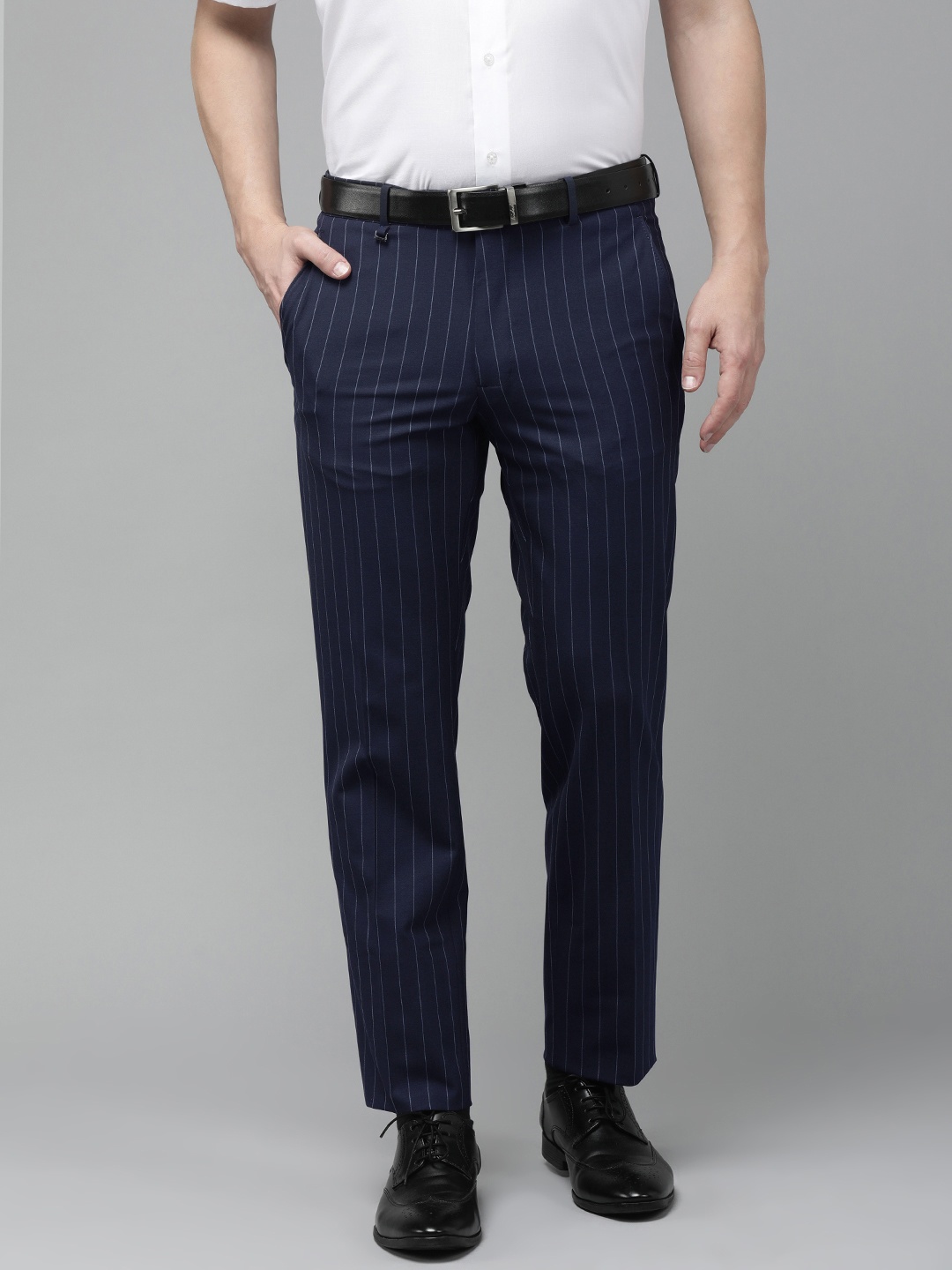 

Van Heusen Men Navy Blue Striped Slim Fit Low-Rise Trousers