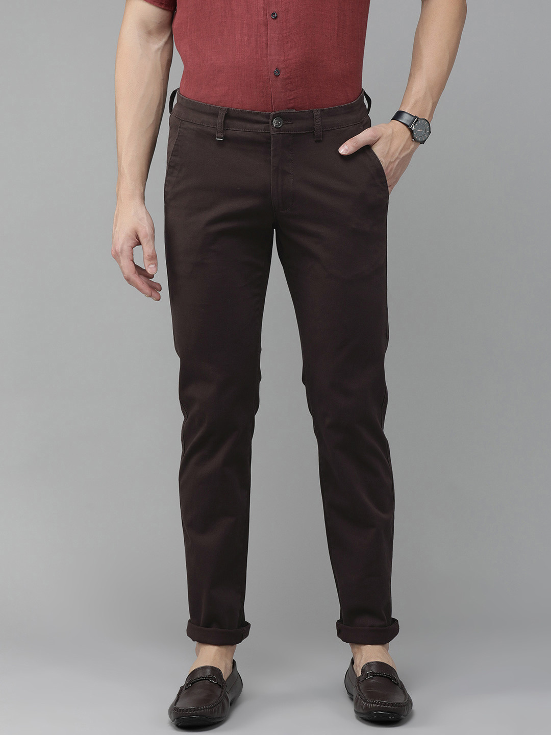 

Van Heusen Men Charcoal Solid Slim Fit Low-Rise Trousers