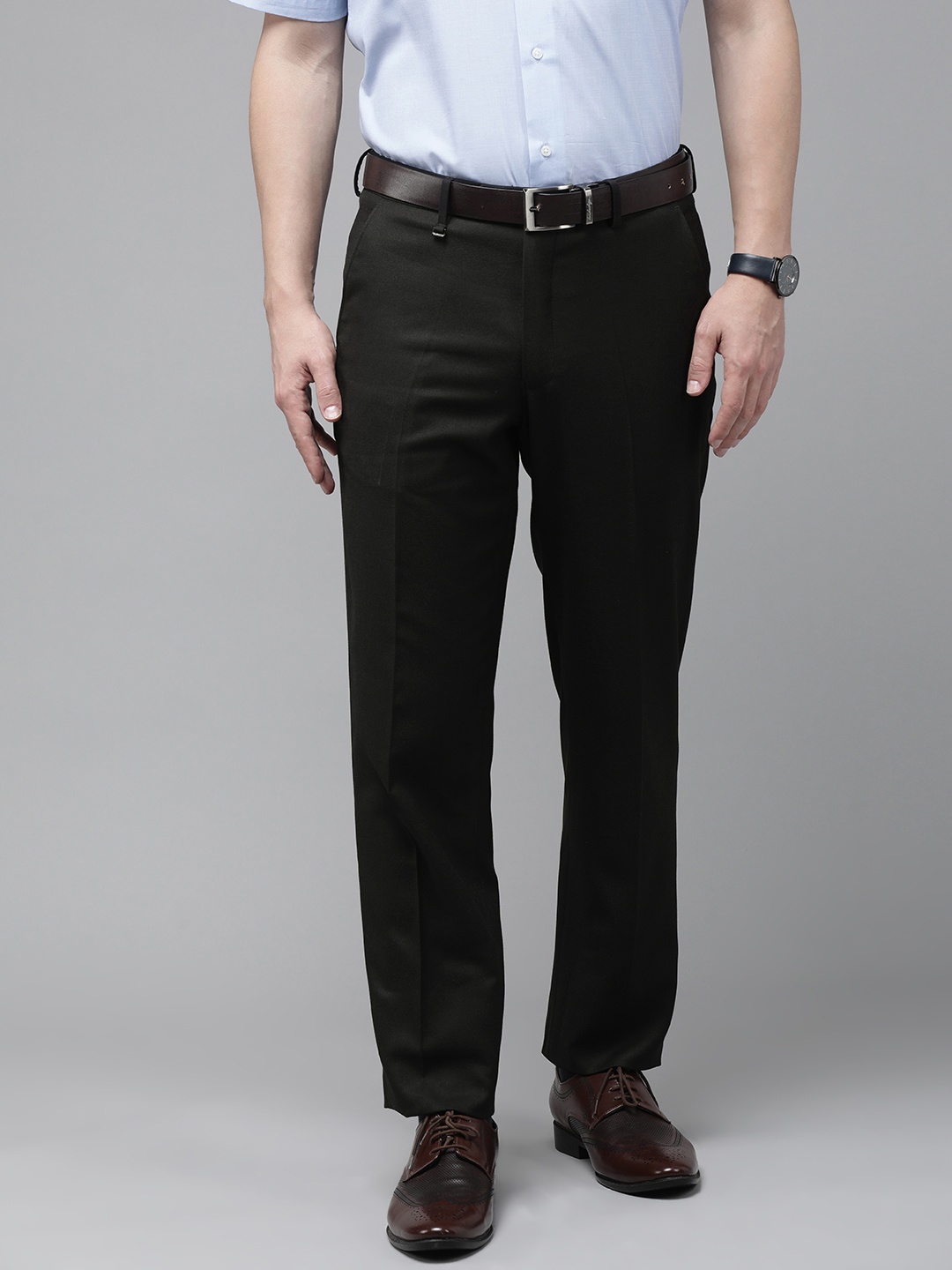 

Van Heusen Men Black Solid Custom Fit Mid-Rise Trousers