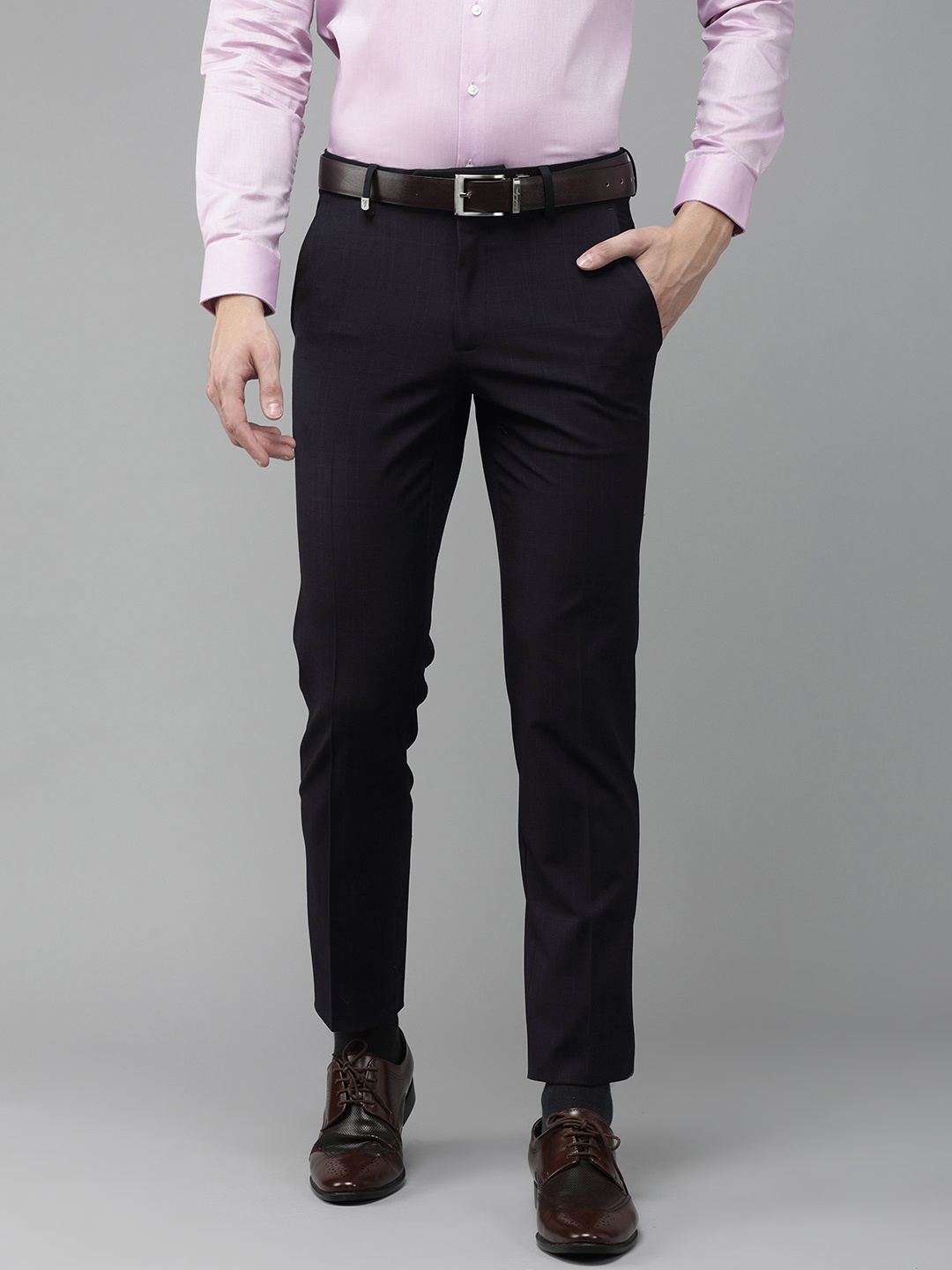 

Van Heusen Men Navy Blue Checked Slim Fit Low-Rise Formal Trousers